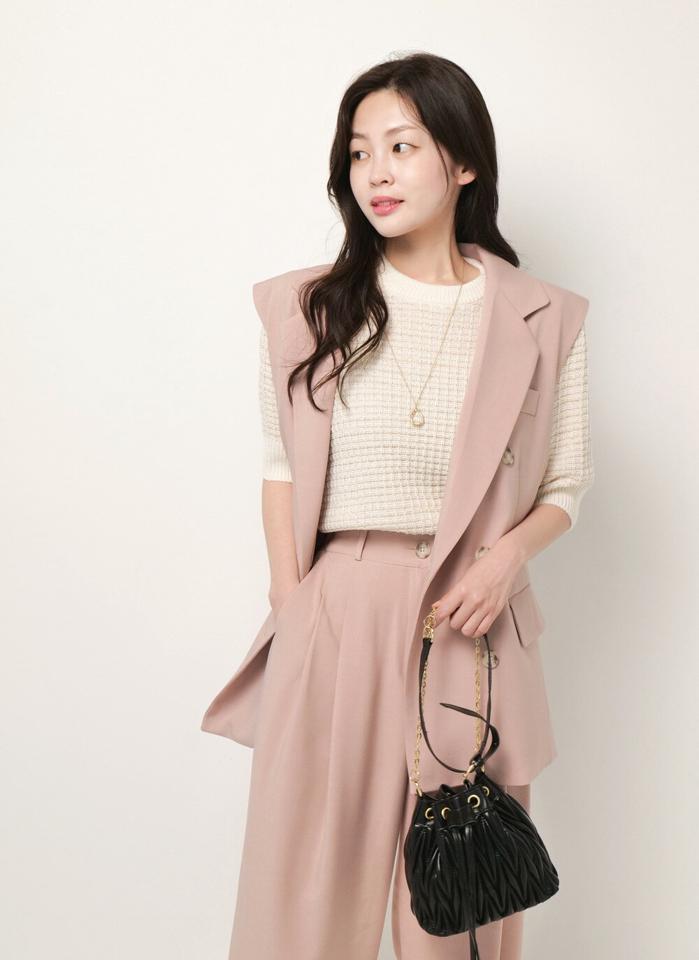 【送料無料】テーラードベスト&バックゴムタックスラックスSET・b00477 レディース 【jk】setup セットアップ ベスト パンツ 長袖 テーラードカラー ダブルブレスト ミドル丈 ワイド ストレート ハイウエスト フェミニン カジュアル 春 秋 韓国ファッション