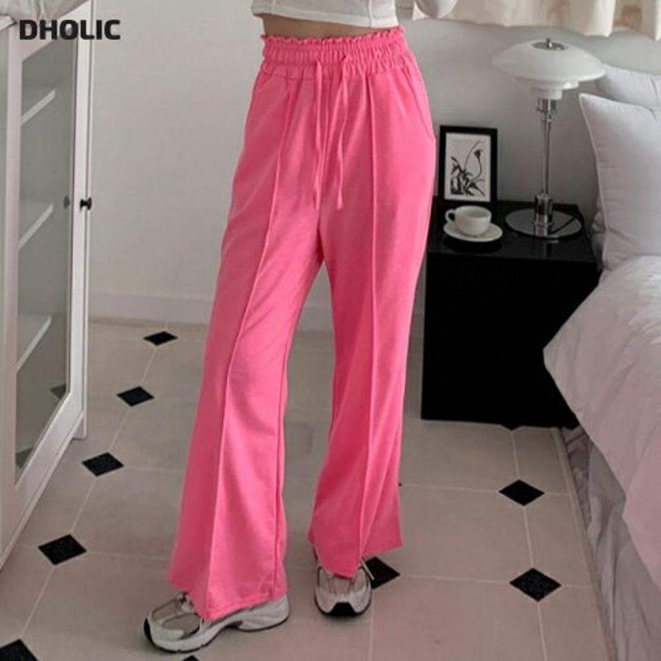 フリルセンタープレススウェットパンツ・p002888 レディース 【pt】 韓国ファッション ボトムス パンツ スウェットパンツ コットン ロング丈 フル ハイウエスト ストリング フリル セッタープレス ワイド 無地 大人カジュアル カジュアル MKT