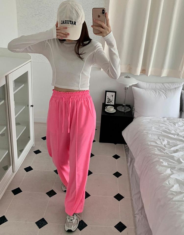 フリルセンタープレススウェットパンツ・p002888 レディース 【pt】 韓国ファッション ボトムス パンツ スウェットパンツ コットン ロング丈 フル ハイウエスト ストリング フリル セッタープレス ワイド 無地 大人カジュアル カジュアル MKT