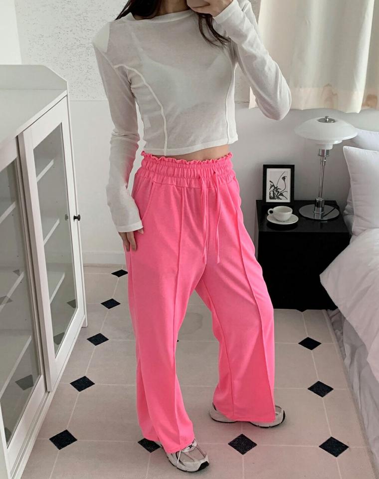 フリルセンタープレススウェットパンツ・p002888 レディース 【pt】 韓国ファッション ボトムス パンツ スウェットパンツ コットン ロング丈 フル ハイウエスト ストリング フリル セッタープレス ワイド 無地 大人カジュアル カジュアル MKT