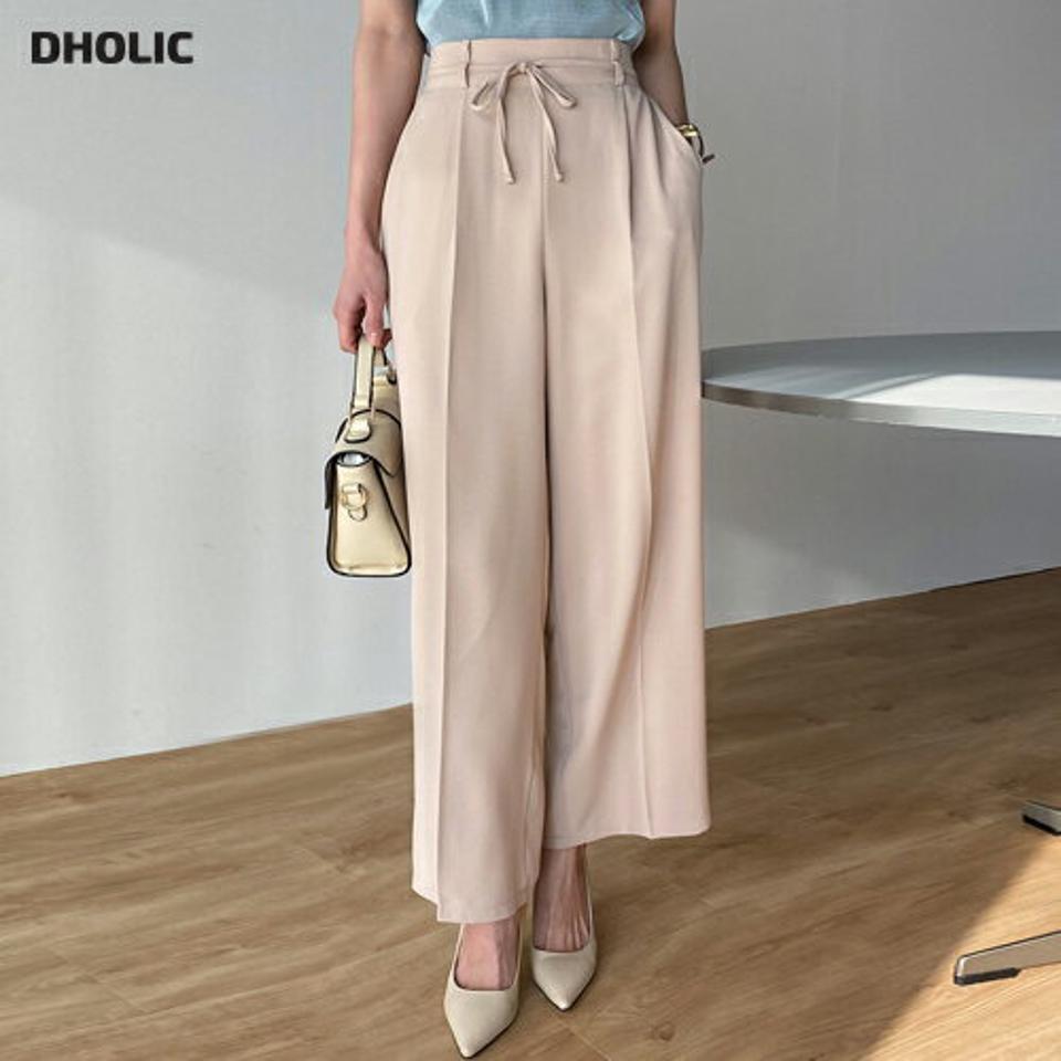 リボンワイドイージースラックス・t00481 レディース 【pt】ボトムス ロング ロングパンツ スラックス ワイド ストレート ハイウエスト フルレングス リボン センタープレス ロング丈 無地 単色 シンプル フェミニン カジュアル 春 秋 韓国ファッション