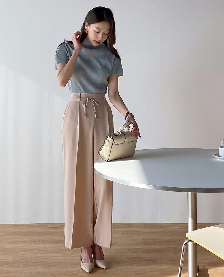 リボンワイドイージースラックス・t00481 レディース 【pt】ボトムス ロング ロングパンツ スラックス ワイド ストレート ハイウエスト フルレングス リボン センタープレス ロング丈 無地 単色 シンプル フェミニン カジュアル 春 秋 韓国ファッション