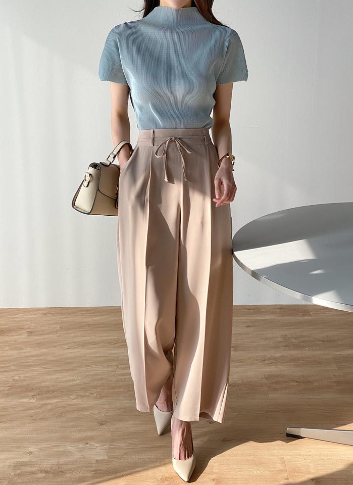 リボンワイドイージースラックス・t00481 レディース 【pt】ボトムス ロング ロングパンツ スラックス ワイド ストレート ハイウエスト フルレングス リボン センタープレス ロング丈 無地 単色 シンプル フェミニン カジュアル 春 秋 韓国ファッション