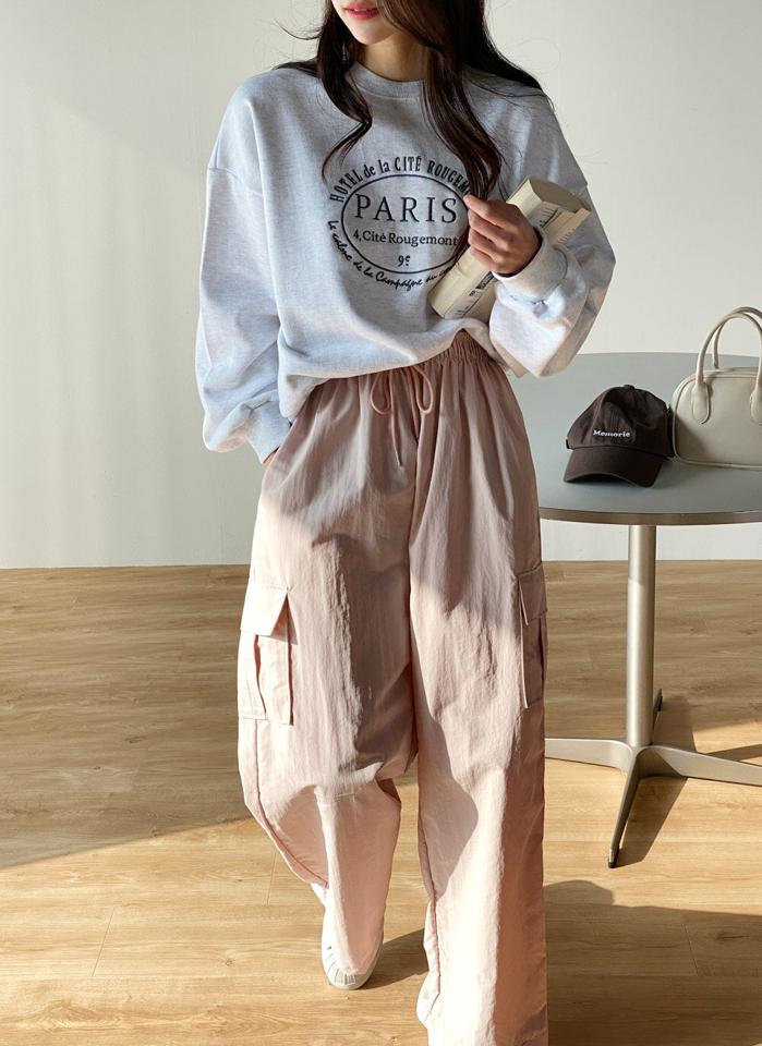 ナイロンドロストカーゴパンツ・t00482 レディース 【pt】ボトムス ロング ロングパンツ カーゴパンツ ドローストリング ワイド ストレート ハイウエスト ウエストゴム フラップポケット ロング丈 カジュアル フェミニン 春 秋 韓国ファッション