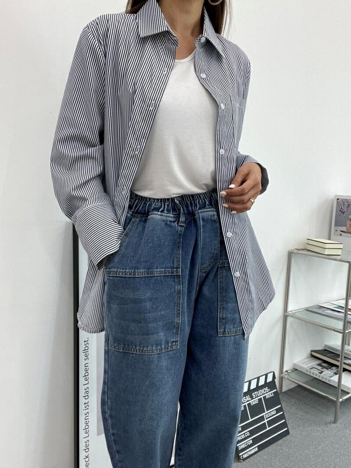 ピンストライプコットンシャツ・p003305 レディース 【bl】シャツ トップス 長袖 柄 模様 総柄 ピンストライプ コットン 綿 ミドル丈 大きい 秋 冬 カジュアル ラフ 韓国ファッション MKT