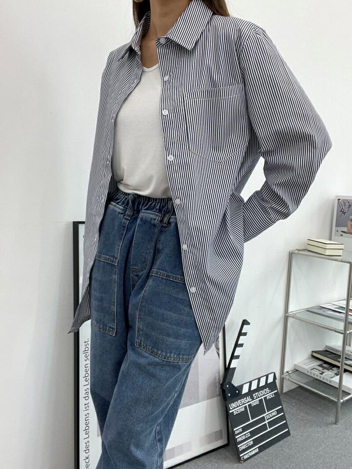 ピンストライプコットンシャツ・p003305 レディース 【bl】シャツ トップス 長袖 柄 模様 総柄 ピンストライプ コットン 綿 ミドル丈 大きい 秋 冬 カジュアル ラフ 韓国ファッション MKT