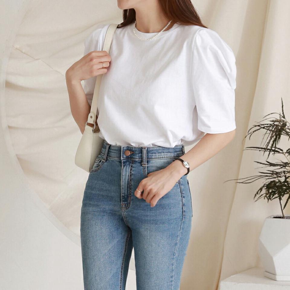 【4DAY限定SALE】コットンパフ5分袖Tシャツ・p003178 レディース 【tops】トップス Tシャツ 単色 無地 シンプル ベーシック 半袖 パフ袖 パフスリーブ コットン 綿 五分袖 5分袖 春 夏 キュート かわいい 可愛い 韓国ファッション MKT