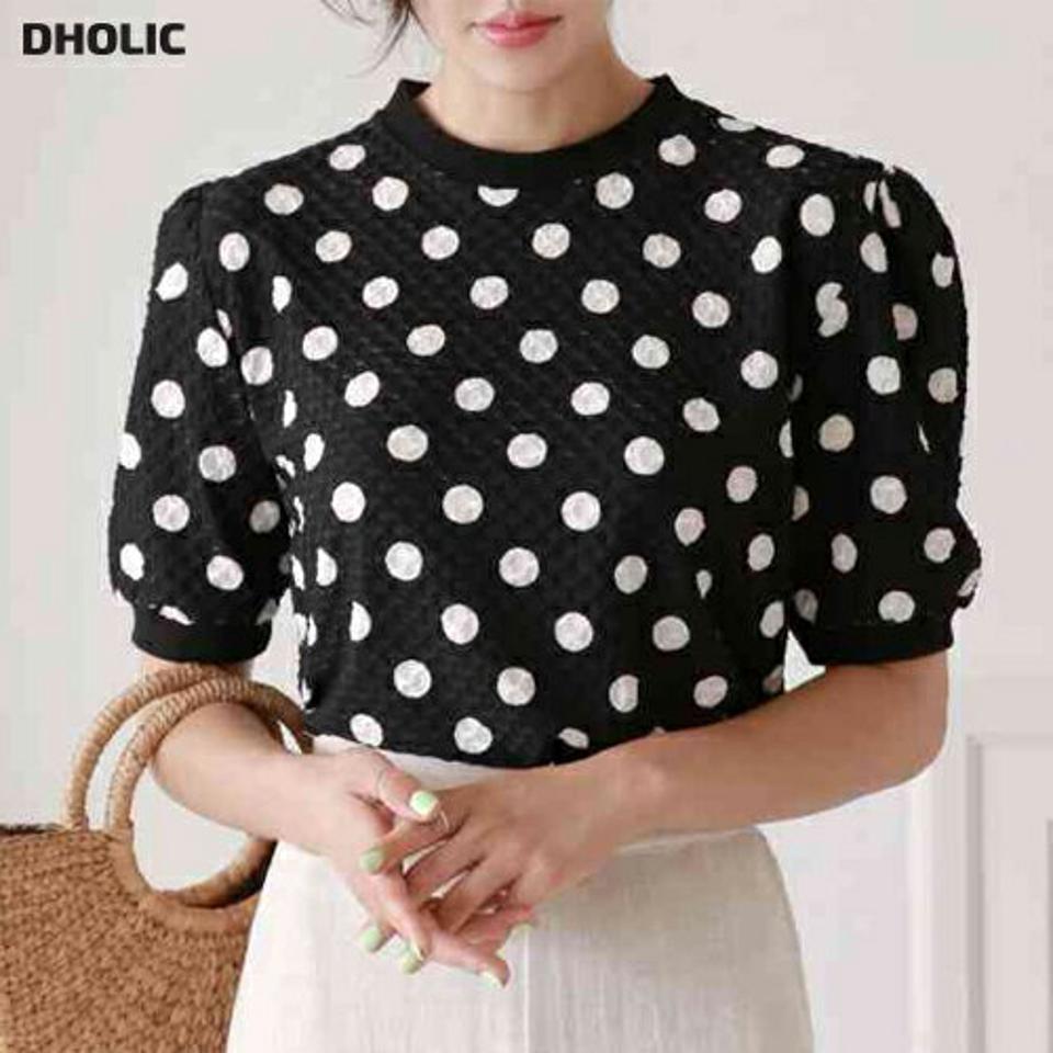 ドットテクスチャー半袖Tシャツ・p003175 レディース 【tops】トップス Tシャツ 半袖 柄 模様 ドット 総柄 モノトーン パフ袖 パフスリーブ 春 夏 キュート かわいい 可愛い ラブリー 韓国ファッション MKT