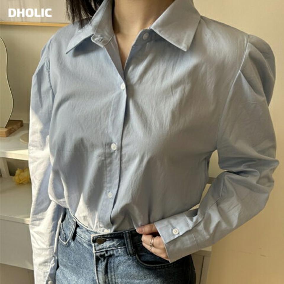 コットンパフスリーブシャツ・p002976 レディース 【bl】 韓国ファッション トップス シャツ カラーネック 長袖 パフスリーブ コットン 綿100 ボリューム ルーズ ゆったり 薄手 無地 シンプル お出かけ デイリー ガーリー 春 カジュアル MKT