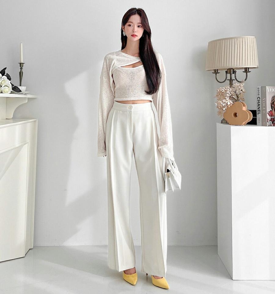 タックラインスラックス・p003190 レディース 【pt】 韓国ファッション ボトムス パンツ スラックス ロング丈 フルレングス ハイウエスト タックライン 伸縮 ワイド ストレート 無地 シンプル オフィスカジュアル 大人 春 カジュアル MKT