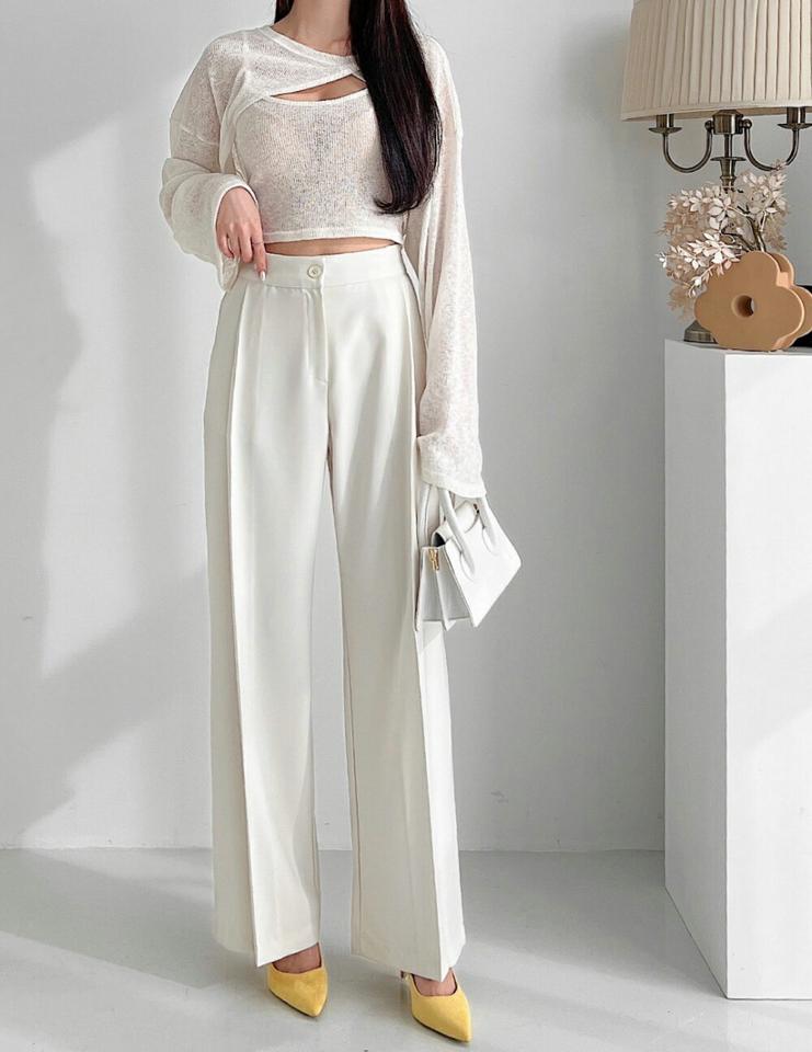 タックラインスラックス・p003190 レディース 【pt】 韓国ファッション ボトムス パンツ スラックス ロング丈 フルレングス ハイウエスト タックライン 伸縮 ワイド ストレート 無地 シンプル オフィスカジュアル 大人 春 カジュアル MKT