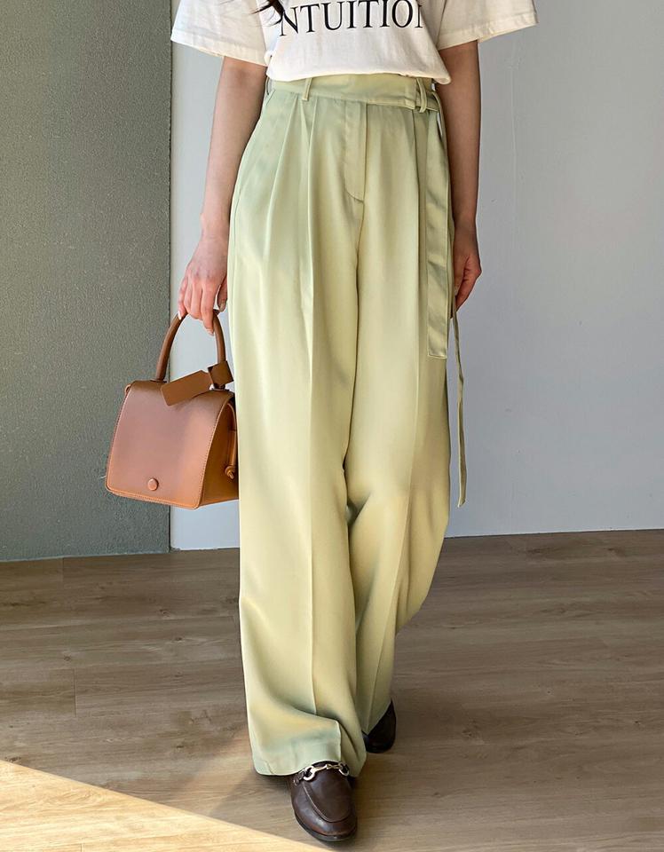 ウエストストラップワイドスラックス・t00336 レディース 【pt】ボトムス ロング ロングパンツ スラックス ツータック ワイド ストレート ハイウエスト フルレングス ロング丈 無地 単色 シンプル フェミニン カジュアル 春 秋 韓国ファッション