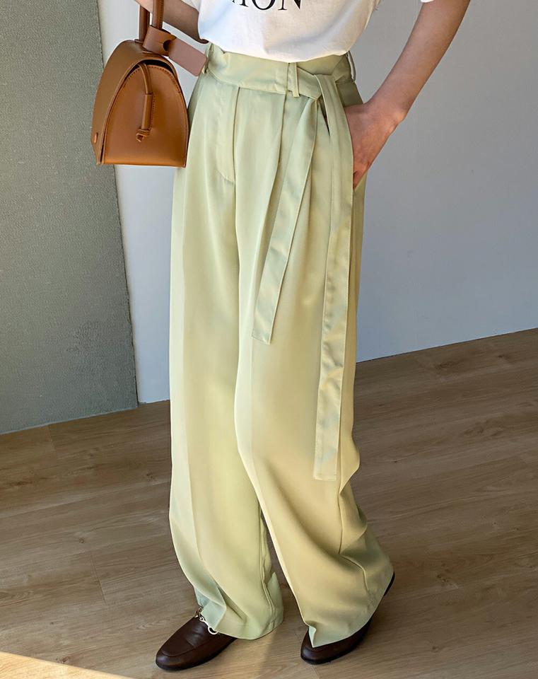 ウエストストラップワイドスラックス・t00336 レディース 【pt】ボトムス ロング ロングパンツ スラックス ツータック ワイド ストレート ハイウエスト フルレングス ロング丈 無地 単色 シンプル フェミニン カジュアル 春 秋 韓国ファッション