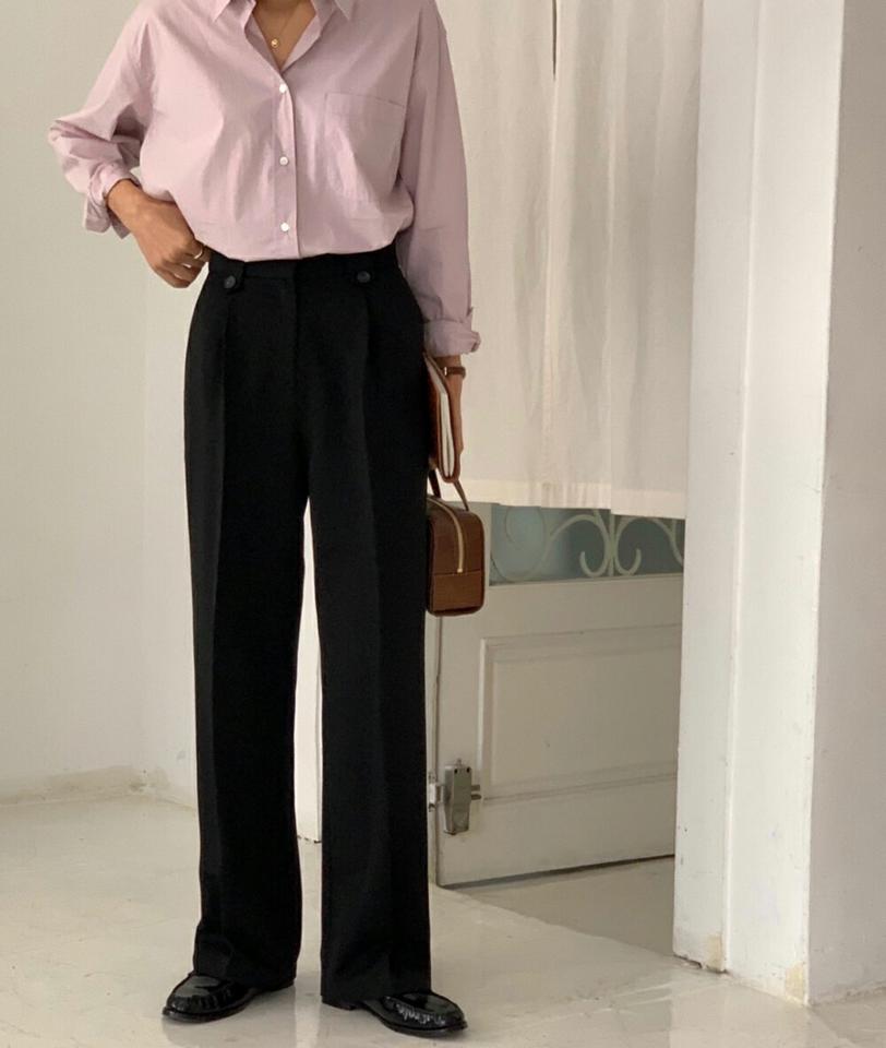 ボタンループワイドスラックス・p003125 レディース 【pt】パンツ ロング丈 スラックス 単色 無地 シンプル ベーシック ループ ワイド ストレート ボタン ぼたん パステル ハイウエスト 秋 冬 春 夏 オフィスカジュアル 韓国ファッション MKT