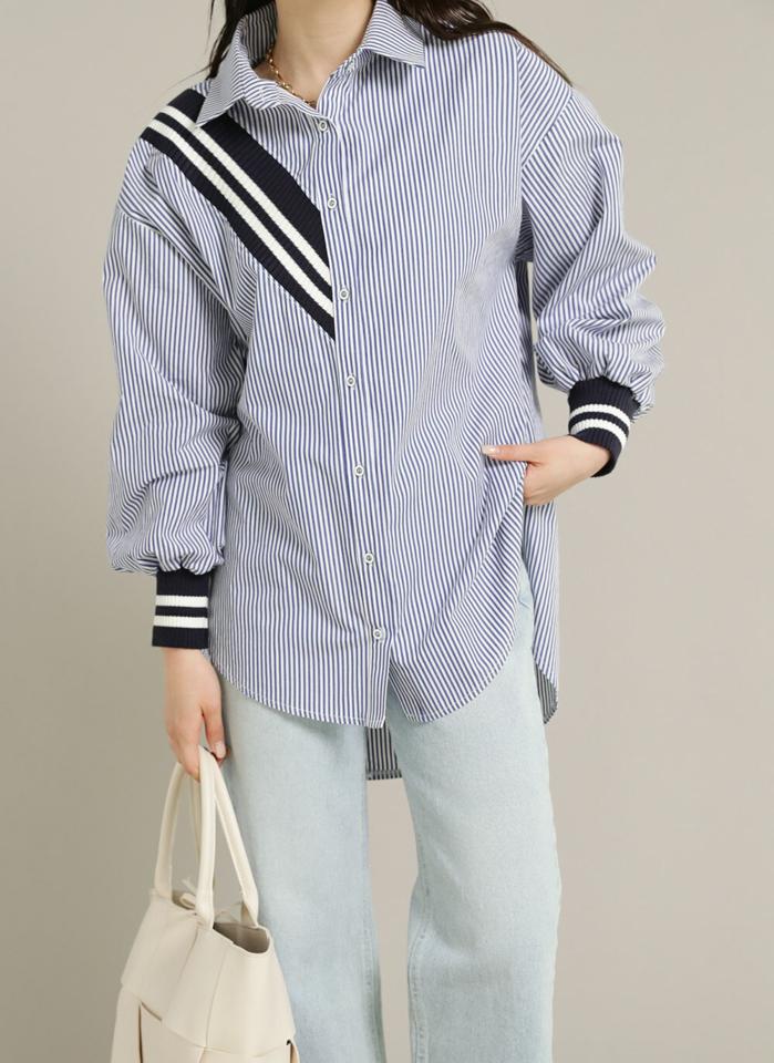 2TYPEリブ配色ラインシャツ・t00424 レディース 【bl】トップス シャツ カラーネック 長袖 コットン 綿 スリット アンバランス ラウンドヘム ストライプ 無地 シンプル かわいい 可愛い カジュアル フェミニン 春 秋 韓国ファッション