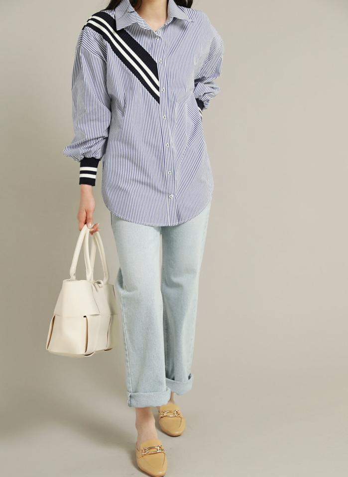 2TYPEリブ配色ラインシャツ・t00424 レディース 【bl】トップス シャツ カラーネック 長袖 コットン 綿 スリット アンバランス ラウンドヘム ストライプ 無地 シンプル かわいい 可愛い カジュアル フェミニン 春 秋 韓国ファッション