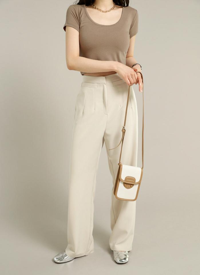 ダーツスラッシュポケットスラックス・t00439 レディース 【pt】ボトムス ロング ロングパンツ スラックス ハイウエスト フルレングス ストレート ダーツ ロング丈 無地 単色 シンプル フェミニン カジュアル 春 秋 韓国ファッション