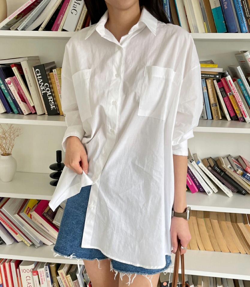 【マラソン特価】コットンポケットボクシーシャツ・p003005 レディース 【bl】シャツ トップス 長袖 単色 無地 シンプル ベーシック コットン 綿 襟 えり ボタン ぼたん ルーズ ドロップショルダー ミドル丈 春 秋 冬 カジュアル ラフ 韓国ファッション MKT セール