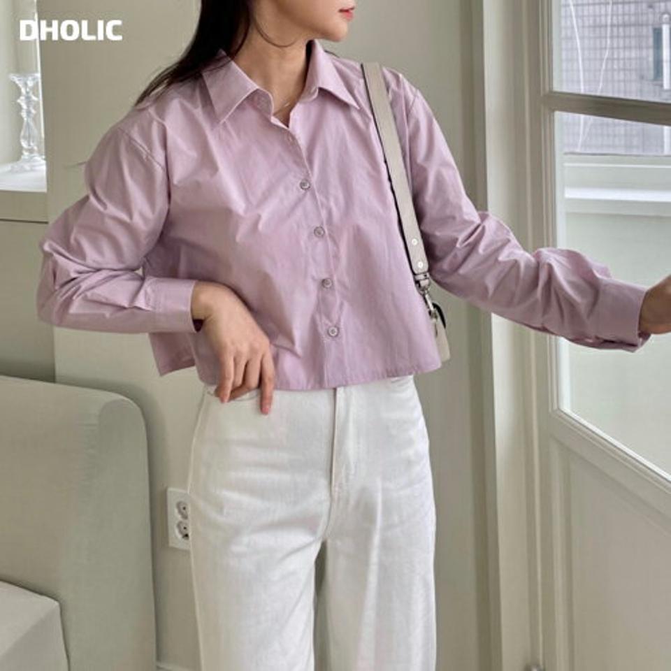 クロップドコットンシャツ・p002998 レディース 【tops】シャツ 長袖 単色 無地 シンプル ベーシック トップス コットン 綿 クロップド丈 パステル 秋 冬 カジュアル ラフ かわいい 可愛い 大人 ピンク 韓国ファッション MKT
