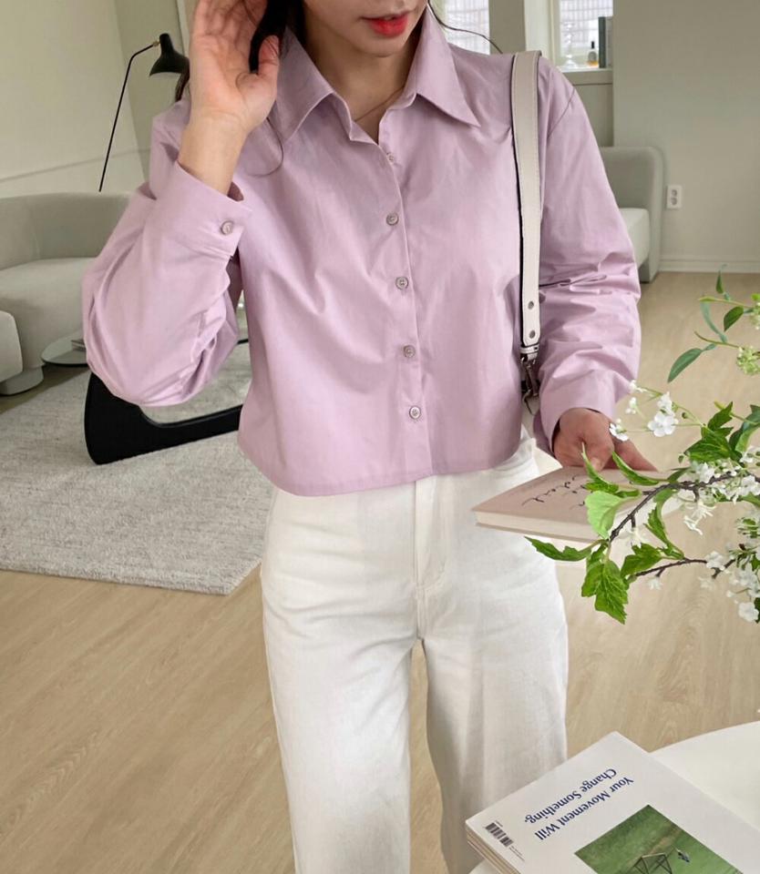 クロップドコットンシャツ・p002998 レディース 【tops】シャツ 長袖 単色 無地 シンプル ベーシック トップス コットン 綿 クロップド丈 パステル 秋 冬 カジュアル ラフ かわいい 可愛い 大人 ピンク 韓国ファッション MKT