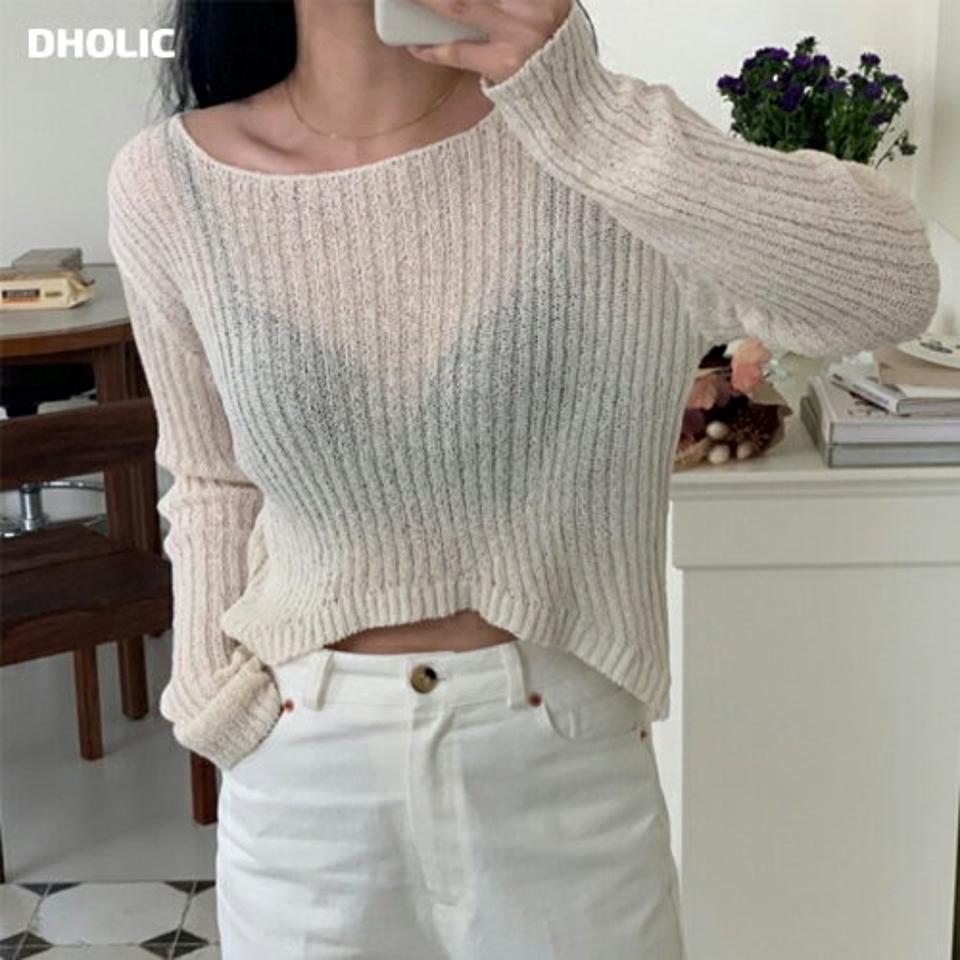 ラウンドネックシアーリブニット・p003168 レディース 【tops】トップス ニット セーター 長袖 単色 無地 シンプル ユニーク 透け感 シアー シースルー 秋 冬 かわいい 可愛い ドロップショルダー セクシー 韓国ファッション MKT