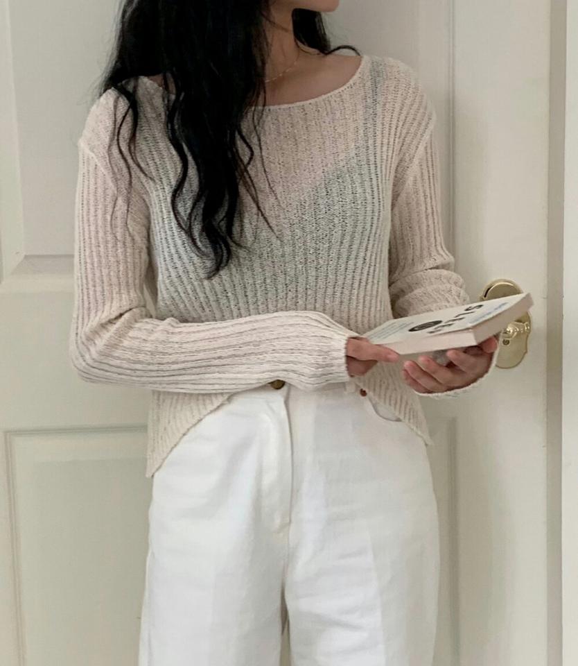 ラウンドネックシアーリブニット・p003168 レディース 【tops】トップス ニット セーター 長袖 単色 無地 シンプル ユニーク 透け感 シアー シースルー 秋 冬 かわいい 可愛い ドロップショルダー セクシー 韓国ファッション MKT
