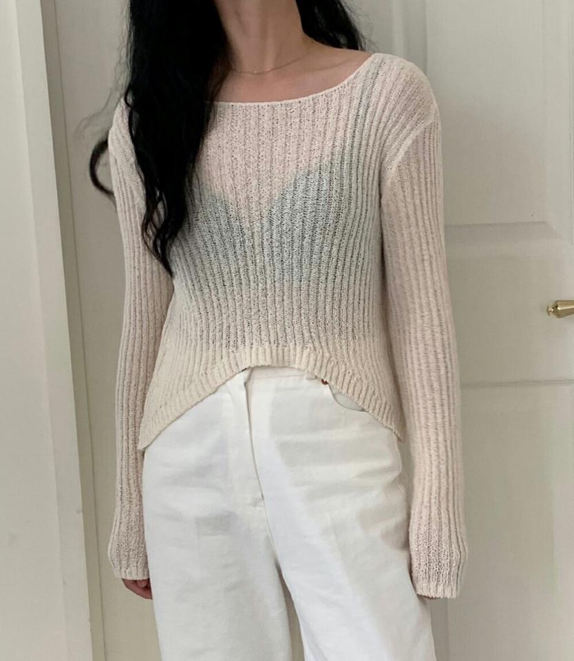 ラウンドネックシアーリブニット・p003168 レディース 【tops】トップス ニット セーター 長袖 単色 無地 シンプル ユニーク 透け感 シアー シースルー 秋 冬 かわいい 可愛い ドロップショルダー セクシー 韓国ファッション MKT
