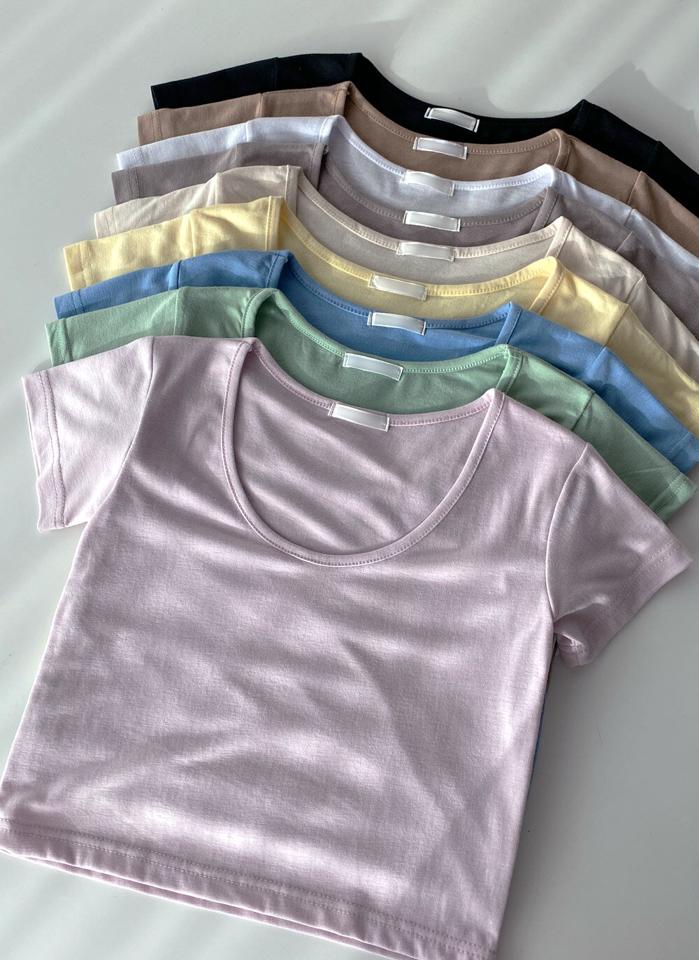 テンセル混UネッククロップドTシャツ・t00412 レディース 【tops】トップス Tシャツ Uネック 半袖 テンセル混 メランジカラー クロップド丈 無地 単色 シンプル フェミニン カジュアル かわいい 可愛い シック 春 秋 韓国ファッション