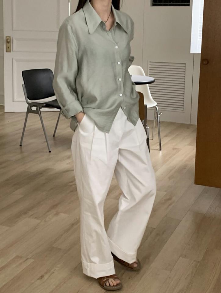 モダール混ラウンドカラーシャツ・p003233 レディース 【bl】シャツ トップス 長袖 単色 無地 シンプル ベーシック 襟 えり モダール混 秋 冬 カジュアル 端正 かわいい 可愛い オフィスカジュアル 韓国ファッション MKT