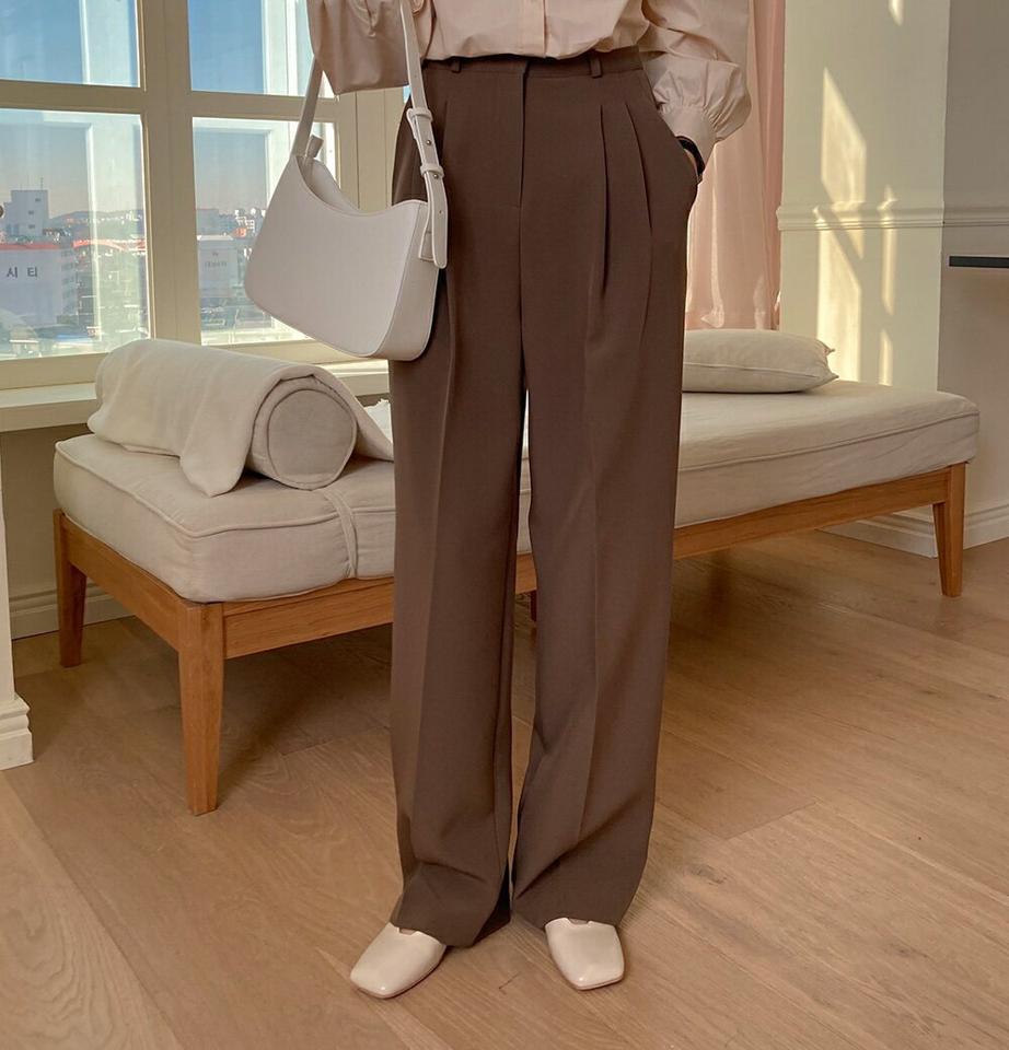 ツータックワイドスラックス・p003253 レディース 【pt】スラックス パンツ ロング丈 単色 無地 シンプル ベーシック ワイド タック フルレングス ハイウエスト 秋 冬 大人 オフィスカジュアル 韓国ファッション MKT