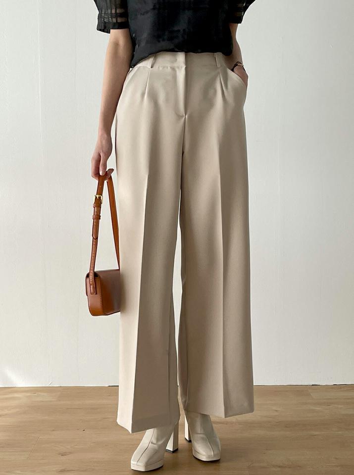 ダーツホックワイドスラックス・t00255 レディース 【pt】ボトムス ロング ロングパンツ スラックス ハイウエスト ストレート ワイド センタープレス ロング丈 無地 単色 ベーシック シンプル フェミニン カジュアル 春 秋 韓国ファッション