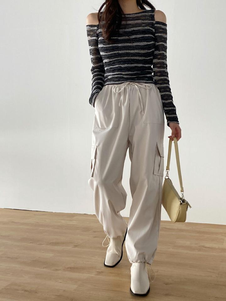 2WAYドロストカーゴパンツ・t00257 レディース 【pt】ボトムス ロング ロングパンツ カーゴパンツ ストレート ジョガー ワイド フラップポケット ハイウエスト ゴム ドローストリング ロング丈 カジュアル フェミニン 春 秋 韓国ファッション