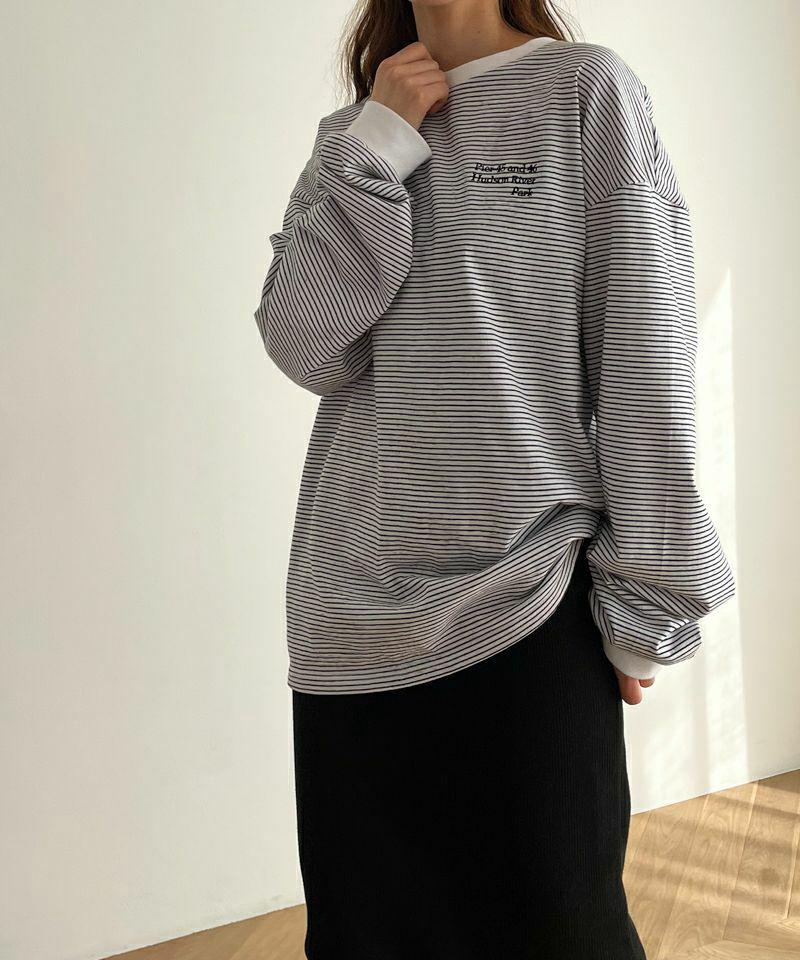 【ユニセックス】RCW BLUE LABEL(ブルーレーベル)"Pier 45 and 46 Park"刺繍リンガー細ボーダーロングTシャツ