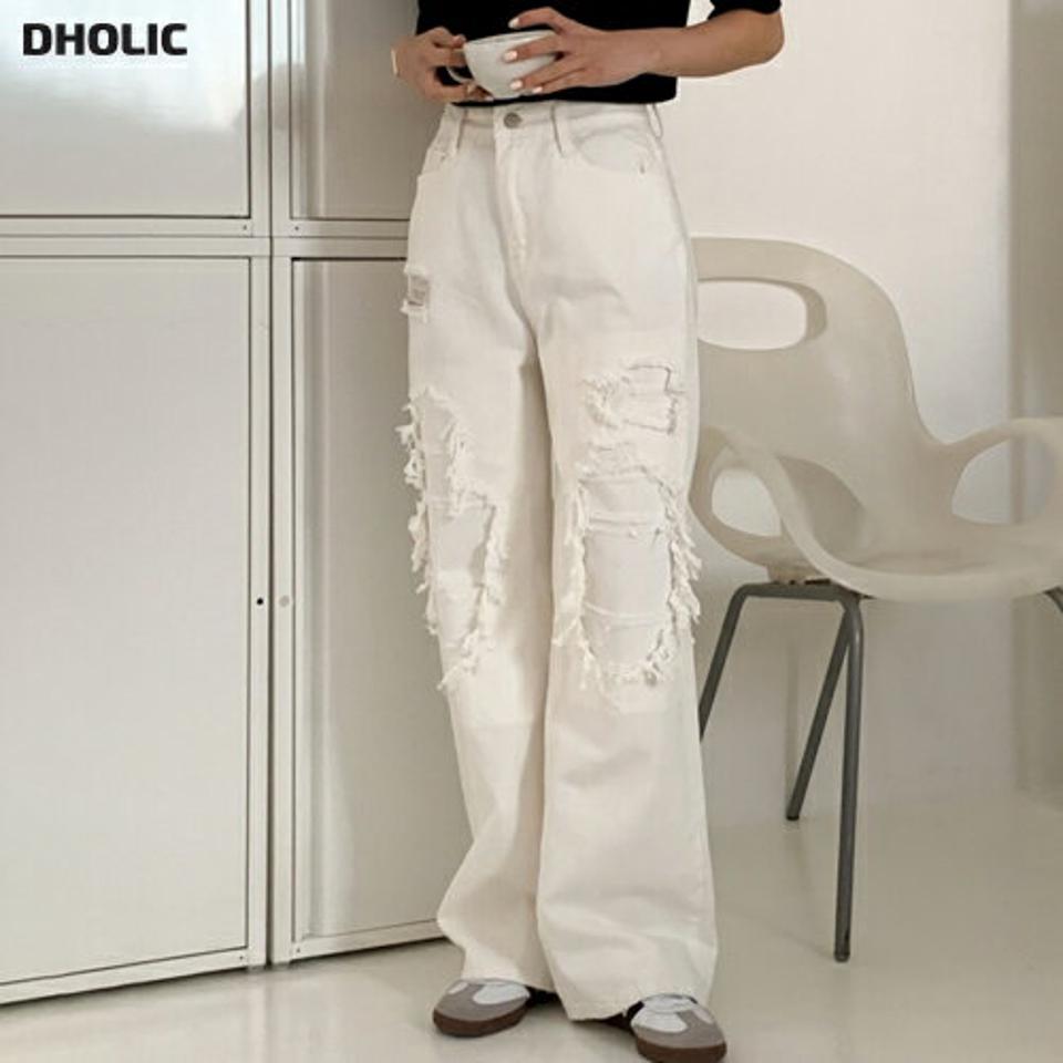 ダメージコットンワイドパンツ・p003286 レディース 【pt】パンツ ロング丈 単色 ダメージ ワイド カジュアル ラフ コットン 綿 春 夏 秋 冬 フルレングス モード 韓国ファッション MKT