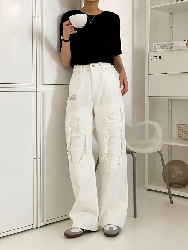 ダメージコットンワイドパンツ・p003286 レディース 【pt】パンツ ロング丈 単色 ダメージ ワイド カジュアル ラフ コットン 綿 春 夏 秋 冬 フルレングス モード 韓国ファッション MKT