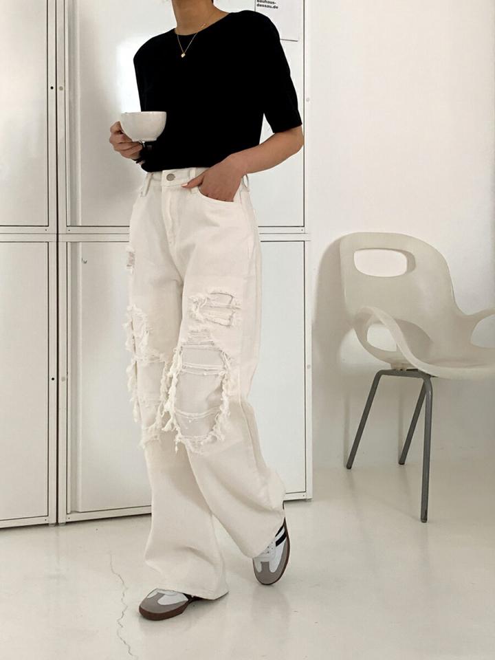 ダメージコットンワイドパンツ・p003286 レディース 【pt】パンツ ロング丈 単色 ダメージ ワイド カジュアル ラフ コットン 綿 春 夏 秋 冬 フルレングス モード 韓国ファッション MKT