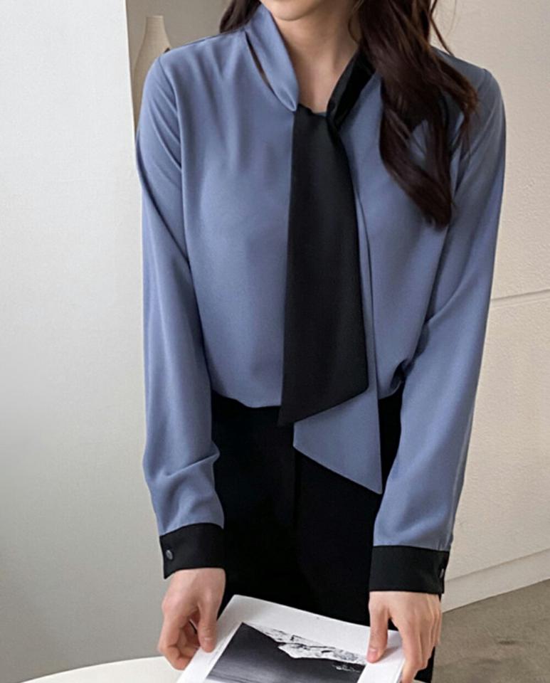 【マラソン特価】リボンネック配色ブラウス・p003473 レディース 【bl】 韓国ファッション トップス ブラウス リボンネック ボウタイ 長袖 配色 バックボタン ナチュラルライン 無地 オフィスカジュアル OL お出かけ モード 春 夏 カジュアル MKT セール