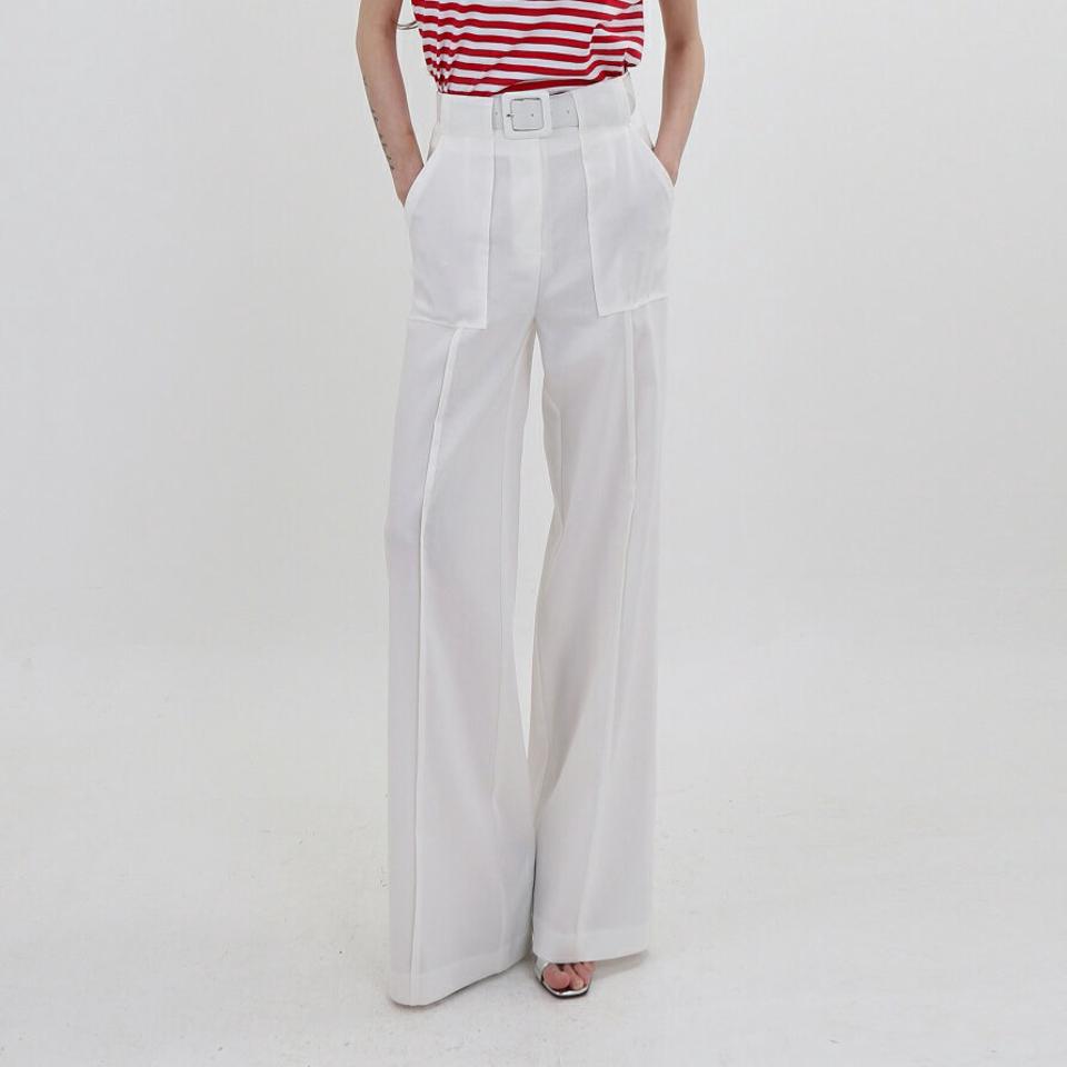 【送料無料】ベルト付リネン混ポケットパンツ・p003504 レディース【pt】韓国ファッション ボトムス パンツ ロング フルレングス ハイウエスト ベルト付 ポケット リネン混 ワイド センターライン 無地 ユニーク 大人カジュアル 春 夏 カジュアル MKT