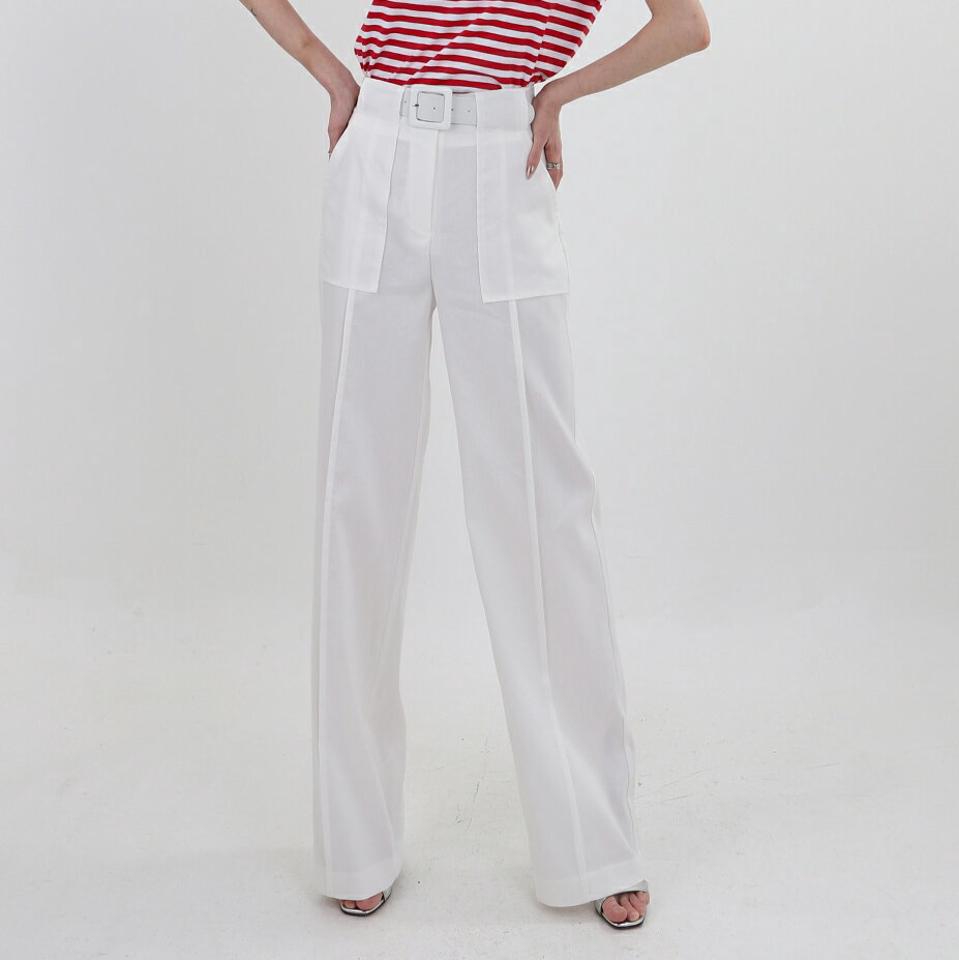 【送料無料】ベルト付リネン混ポケットパンツ・p003504 レディース【pt】韓国ファッション ボトムス パンツ ロング フルレングス ハイウエスト ベルト付 ポケット リネン混 ワイド センターライン 無地 ユニーク 大人カジュアル 春 夏 カジュアル MKT