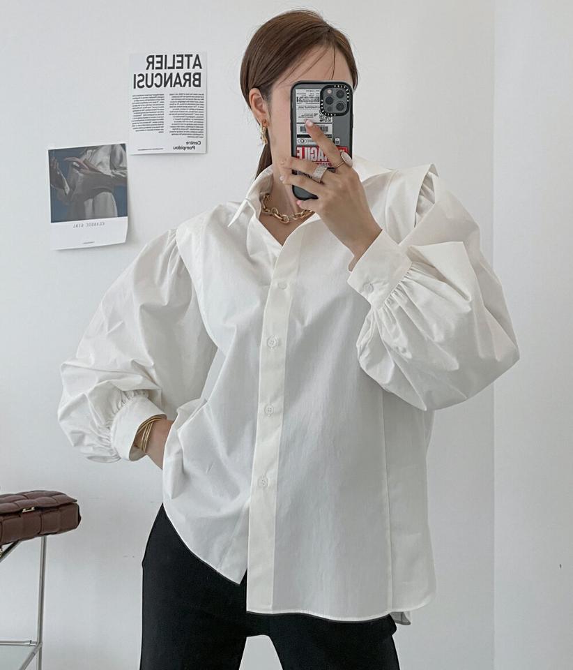 【マラソン特価】パワーショルダーコットンシャツ・p003346 レディース 【bl】シャツ トップス 長袖 単色 無地 シンプル ベーシック パワーショルダー ユニーク 個性的 ボリューム袖 秋 冬 大人 韓国ファッション MKT
