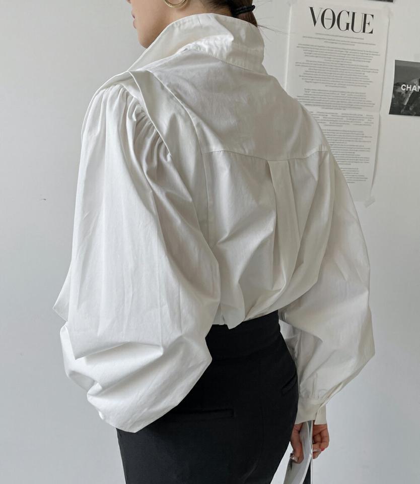 【マラソン特価】パワーショルダーコットンシャツ・p003346 レディース 【bl】シャツ トップス 長袖 単色 無地 シンプル ベーシック パワーショルダー ユニーク 個性的 ボリューム袖 秋 冬 大人 韓国ファッション MKT