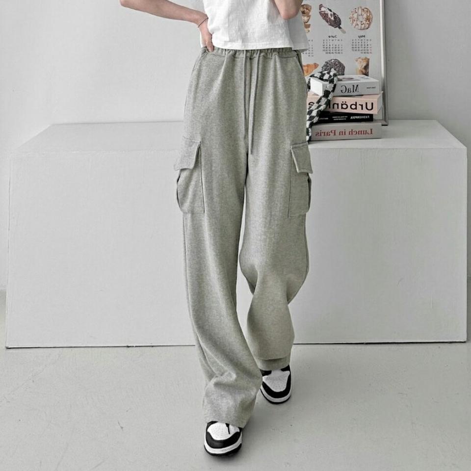 カーゴドロストスウェットパンツ・p003344 レディース 【pt】 韓国ファッション ボトムス パンツ ロング丈 フルレングス スウェットパンツ ドロスト ストリング カーゴポケット ワイド コットン 無地 デイリー ストリート 春 夏 カジュアル MKT