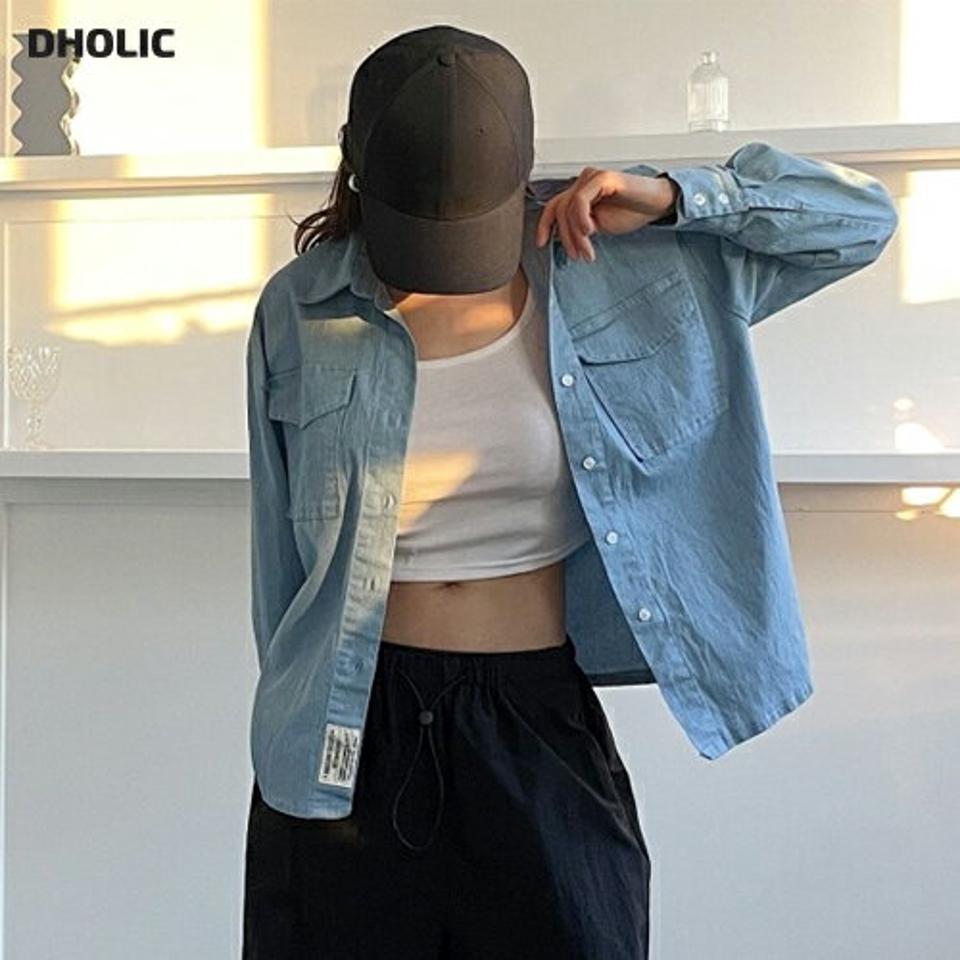 フラップタグデニムシャツ・p003204 レディース 【bl】 韓国ファッション トップス シャツ カラーネック 長袖 デニムシャツ 股丈 デニムシャツ フラップポケット タグ レタリング ルーズ ゆったり ウォッシュ 無地 カジュアル 春 カジュアル MKT