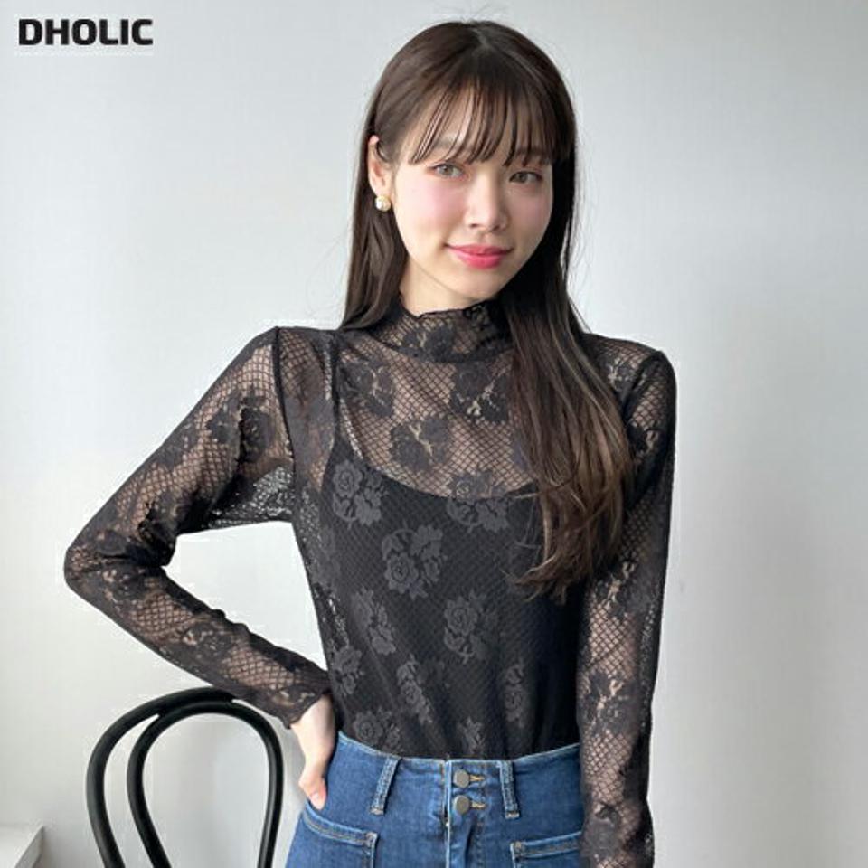ローズレースハーフネックブラウス・t00464 レディース 【bl】トップス ブラウス ハーフネック 長袖 メロウヘム ダイヤパターン ローズパターン レース シンプル 大人 かわいい 可愛い カジュアル フェミニン 春 秋 韓国ファッション