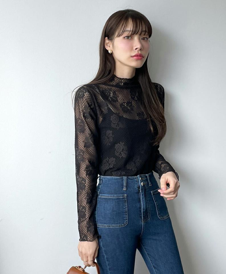 ローズレースハーフネックブラウス・t00464 レディース 【bl】トップス ブラウス ハーフネック 長袖 メロウヘム ダイヤパターン ローズパターン レース シンプル 大人 かわいい 可愛い カジュアル フェミニン 春 秋 韓国ファッション