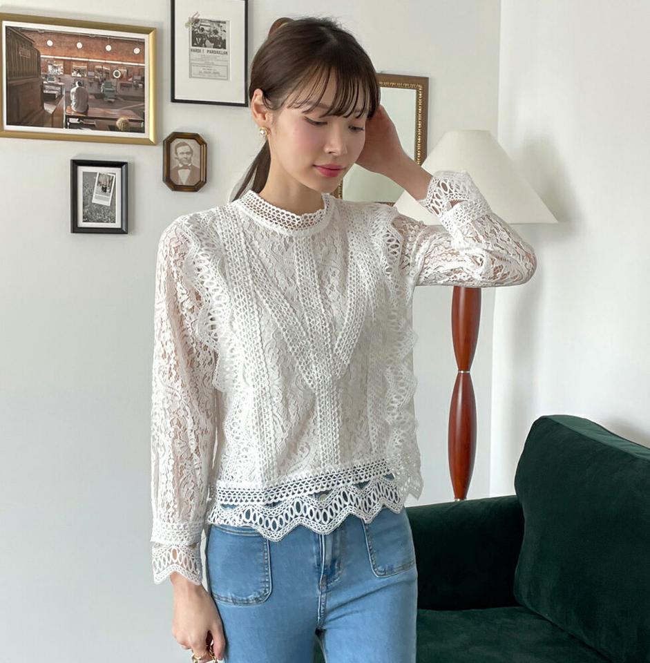 ウェーブレースブラウス・b00473 レディース 【bl】トップス ブラウス ハーフネック 長袖 ペイズリー 花柄 フローラル フラワー レース ウェーブパンチング シンプル 大人 かわいい 可愛い カジュアル フェミニン 春 秋 韓国ファッション