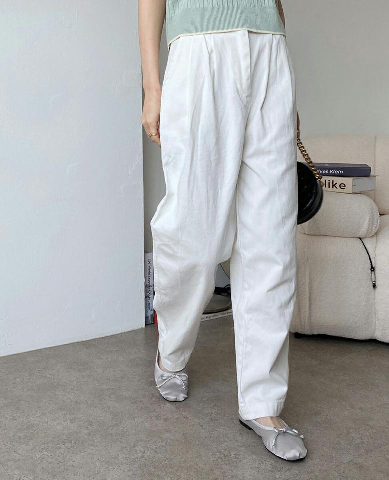 ツータックコットンワイドパンツ・t00488 レディース 【pt】ボトムス ロング ロングパンツ コットン コットン ツータック ワイド ストレート ハイウエスト ロング丈 無地 単色 シンプル フェミニン カジュアル 春 秋 韓国ファッション
