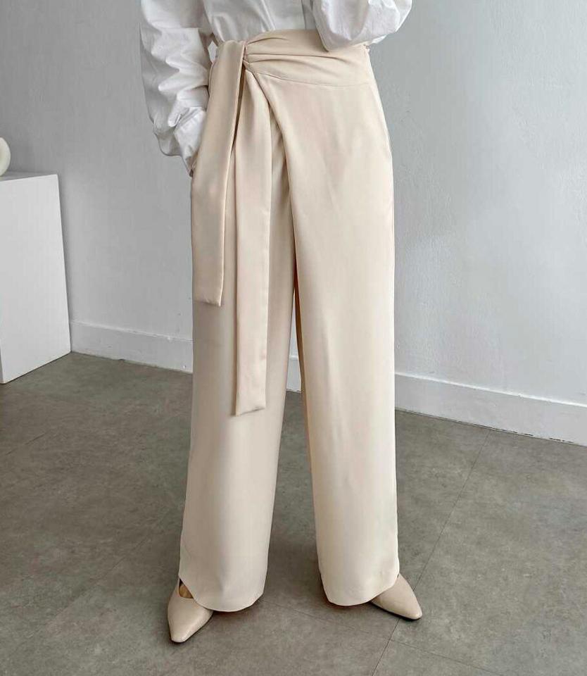 ウエストリボンパンツ・p003562 レディース 【pt】パンツ ロング丈 単色 無地 シンプル ベーシック 個性的 ユニーク ウエストリボン ワイド ハイウエスト 脚長 秋 冬 春 楽ちん カジュアル 大人 韓国ファッション MKT