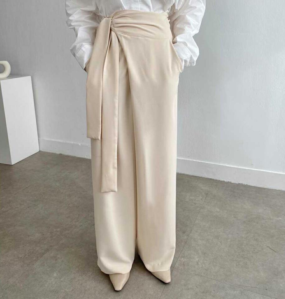 ウエストリボンパンツ・p003562 レディース 【pt】パンツ ロング丈 単色 無地 シンプル ベーシック 個性的 ユニーク ウエストリボン ワイド ハイウエスト 脚長 秋 冬 春 楽ちん カジュアル 大人 韓国ファッション MKT