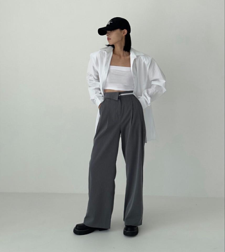 配色ターンアップウエストスラックス・p003572 レディース 【pt】パンツ ロング丈 柄 模様 配色 ライン ワイド タック スラックス ハイウエスト 脚長 春 夏 秋 冬 カジュアル モード ユニーク 個性的 韓国ファッション MKT